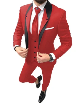 2020 Модные Дизайнерские Красные Свадебные Костюмы Для Мужчин, приталенные, Комплект из 3 предметов, Смокинги для Жениха, Изготовленные на Заказ Костюмы для выпускного вечера (куртка + Брюки + жилет)