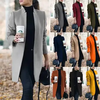 2022 Новая женская одежда, модное однотонное женское шерстяное пальто с тонким воротником-стойкой