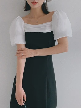 2022 Новое Летнее Дизайнерское платье Sense с высокой талией, квадратным вырезом, пышными рукавами, Женские платья, женские платья макси для женщин