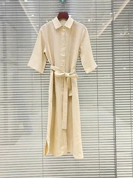 2023 Весенне-Летнее Женское Платье-рубашка на Шнуровке из 100% Льна с Отложным воротником, Однобортный Женский Темпераментный Халат Миди с Поясами
