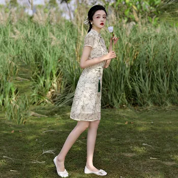 2023 Летнее улучшенное Короткое платье Cheongsam для молодых девушек, Тонкое Шифоновое платье с жаккардовой вышивкой в китайском стиле, платье Qipao для женщин
