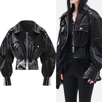 2023 Модные женские кожаные куртки с отворотом, свободная молния, длинный рукав, высокая талия, короткое пальто из искусственной кожи, осень, длинный рукав