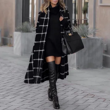 2023 Новое женское шерстяное пальто в клетку с поясом и длинным рукавом, Повседневное Длинное пальто, куртки для женщин