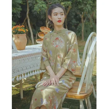 2023 Новое Улучшенное Платье Qipao в Китайском Стиле Для Девочек с Фрагментированным Цветочным Рисунком, С рукавом три четверти, Молодежный Свободный Размер, Длинный Чонсам