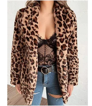 2023 Универсальное пальто из меха леопарда с отворотом средней длины для женщин