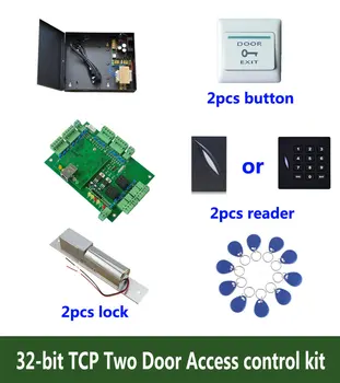 32-разрядный комплект контроля доступа RFID-карты, TCP-Двухдверный контроль доступа + Powercase + Ригельный замок + Считыватель идентификаторов + Кнопка выхода + 10 идентификационных меток, Sn: Kit-T202