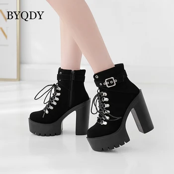BYQDY/зимние мотоциклетные ботинки на танкетке, женская замшевая обувь на платформе и высоком каблуке, черные ботильоны на шнуровке, Большие размеры 42