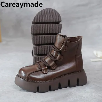 Careaymade-Женские ботинки из натуральной кожи на толстой подошве, осенние короткие ботинки, новая цветная полировка в стиле ретро, увеличенные женские ботинки