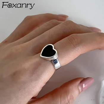 Foxanry Серебристый Цвет, Черное Сердце, Обручальные кольца для женщин, Корейский Модный Дизайн, Геометрические украшения ручной работы на День рождения