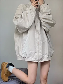 QWEEK Y2K Ветровка Женская Корейская Мода Gorpcore Ретро Верхняя Одежда На Молнии Оверсайз Harajuku Уличная Одежда Винтажное Пальто