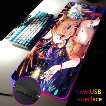 RGB Коврик Для мыши Genshin Impact Yoimiya С Четырьмя USB-док-станциями, мультиинтерфейсный Коврик Для мыши С Интерфейсом Аниме для Девочек, Игровые Настольные Коврики