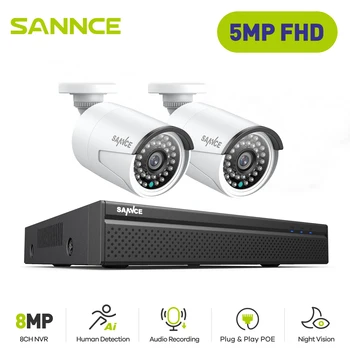 SANNCE 8CH 5MP POE HD Система видеонаблюдения H.264 + NVR С 2X 5-Мегапиксельными IP-Камерами Наружная Водонепроницаемая Система видеонаблюдения NVR