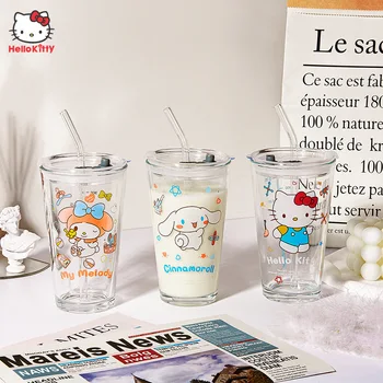 Sanrio Аниме Hello Kitty Стакан для Воды Kawaii Мультфильм Cinnamoroll Kuromi Герметичная Стеклянная Соломенная Чашка с крышкой Чашка для сока для напитков Подарок для девочки