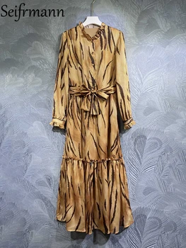 Seifrmann Высококачественное Весеннее женское Модное Дизайнерское Плиссированное платье с рукавом-фонариком и оборками на поясе, Женские платья с принтом