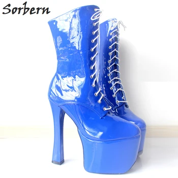 Sorbern/ Пикантные синие женские ботинки из лакированной кожи на экстремально высоком каблуке и платформе 20 см, Роскошные женские ботильоны на высоком каблуке со шнуровкой