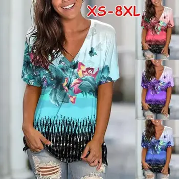 XS-8XL Летний Женский Повседневный пуловер с короткими рукавами и абстрактным крутым принтом, V-образный вырез, Модные Топы, Элегантные футболки, Новый дизайн