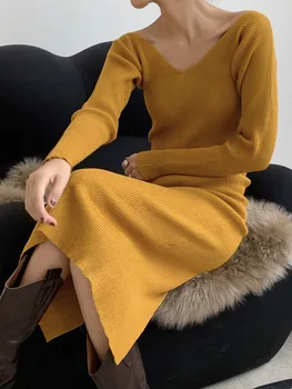 ZURICHHOUSE, Сексуальное женское платье-свитер с V-образным вырезом и открытой спиной, 2023, осенне-зимний пуловер выше колена, облегающее трикотажное платье в стиле хип, женское