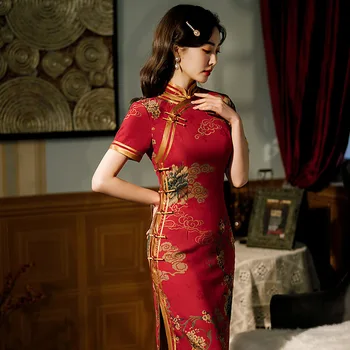 Весна и осень 2022, Новый Красный тонкий Чонсам в китайском стиле со стоячим воротником, Модное банкетное платье Чонсам с короткими рукавами