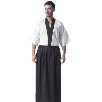Винтажное черное Японское мужское Кимоно Воина, традиционная одежда Самурая Юката Хаори, Сценический костюм для выступлений, один размер B-068