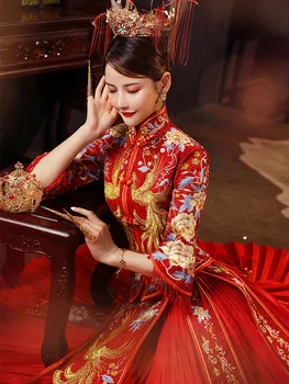 Восточное Длинное Свадебное Платье Cheongsam Высокого класса с Золотой вышивкой, Изысканное Банкетное Стильное Элегантное Платье Невесты китайская одежда
