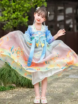 Детская синяя цветочная вышивка Hanfu в китайском народном стиле для девочек, праздничные костюмы принцессы, платье для косплея феи