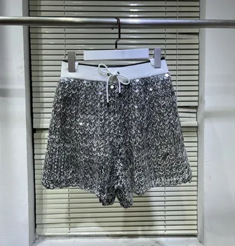 дизайнерские высококачественные летние женские шорты в стиле пэчворк с пайетками 2023, шорты с эластичной талией