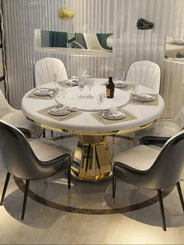Дизайнерский креативный обеденный стол Поворотный стол Роскошные золотые обеденные столы из нержавеющей стали, Круглые бытовые принадлежности, Кухонная мебель