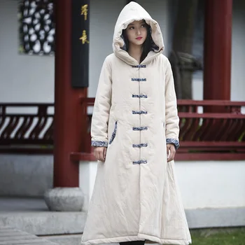 Длинное зимнее пальто в китайском стиле Женская Теплая Свободная Толстая парка Пальто Новинка Оригинальная Длинная куртка с подкладкой Парка Верхняя одежда