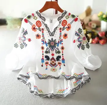 Женская весенне-летняя рубашка с v-образным вырезом и вышивкой, Женская Винтажная Национальная Свободная повседневная рубашка, блузка TB1341