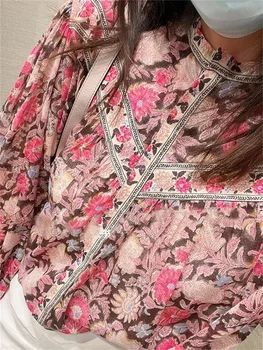 Женская винтажная рубашка с цветочным принтом 2023, Весна-лето, Закрытая Пуговицами Сорочка с круглым вырезом, женская блузка с длинным рукавом