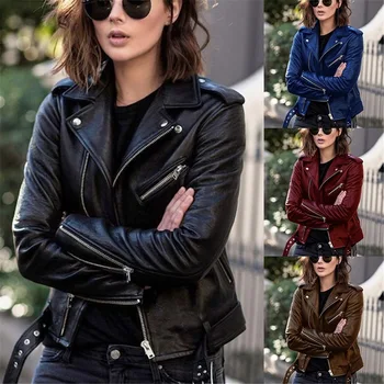 Женская классическая куртка из искусственной кожи, крутые мотобайкерские куртки, Женская осенне-зимняя Тонкая Короткая кожаная верхняя одежда