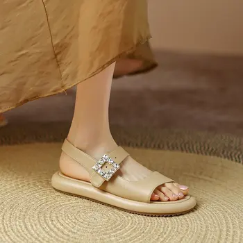 Женские летние сандалии в стиле отдыха, Новые женские сандалии Rhinester с квадратной пряжкой, с круглым носком, из мягкой кожи, на толстой подошве