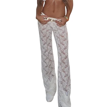 Женские модные кружевные брюки с цветочным рисунком, сексуальные прозрачные сетчатые брюки с эластичной талией, облегающие летние повседневные прямые брюки