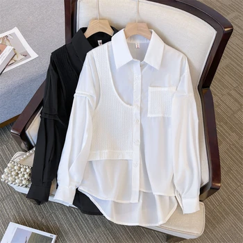Женские рубашки Sandro Rivers с вафельной строчкой, поддельные две части нерегулярного дизайна в нише, свободная повседневная рубашка в стиле ретро
