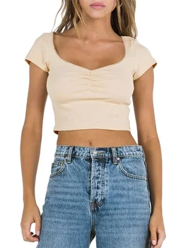 Женские укороченные топы с V-образным вырезом, Летние футболки с кружевной отделкой, однотонные, приталенные, с рюшами, короткие, Y2K, Женская одежда, Милая уличная одежда