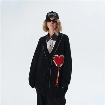 Женский кардиган в готическом стиле с вышивкой в стиле Эмо, Черный вязаный джемпер, Женские Винтажные куртки с длинными рукавами