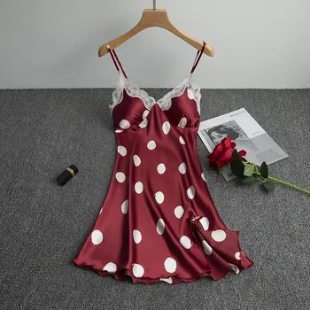 Женское Атласное Шелковое платье для Сна в горошек, Слинг, Кружевное платье с V-образным вырезом, Пижама