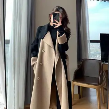 Женское пальто шикарного элегантного контрастного цвета средней длины, Свободное женское пальто для покупок, зимнее пальто, женское зимнее пальто