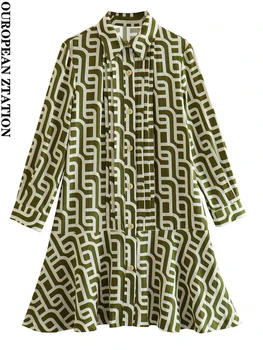 Женское платье миди с геометрическим принтом 2023, винтажное платье с v-образным вырезом и длинным рукавом, расклешенный подол, женские платья vestidos mujer
