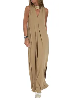 Женское Элегантное платье Макси без рукавов с V-образным вырезом, однотонный Пляжный Сарафан с разрезом, летняя повседневная одежда