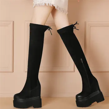 Зимние ботинки на очень высоком каблуке 12 см, женские сапоги выше колена из натуральной кожи с круглым носком, вечерние Теплые ботинки на толстой подошве