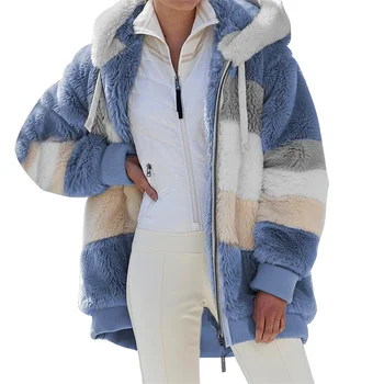 Зимняя женская куртка, Теплое плюшевое Повседневное Свободное пальто с капюшоном, Зимняя верхняя одежда в стиле пэчворк из искусственного меха, Женская парка на молнии, пальто 2023