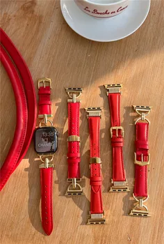 Кожа + металл Фарфоровый Красный для Apple Watch ultra 8 7 6 54 Ремешок iwatch Серии 49mm45mm44mm41mm40mm Женские аксессуары для ремешка для часов