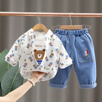 Корейская детская одежда для детей, дизайнерские рубашки с длинными рукавами и мультяшным принтом + белые футболки + джинсы, 3 шт., комплекты одежды для мальчиков, комплекты для малышей