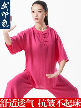 Костюм Тай-цзи, женская летняя одежда из хлопка и льна с короткими рукавами для тренировок, Новая тонкая одежда для выступлений, брючный костюм