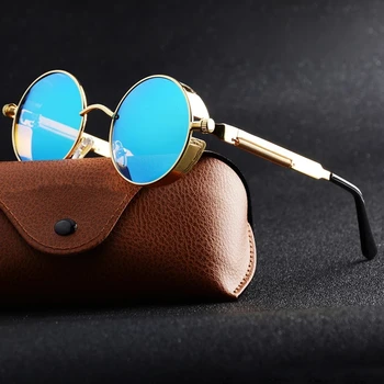 Круглые Солнцезащитные очки в стиле стимпанк, Мужские Классические Брендовые Дизайнерские Винтажные очки с заклепками в стиле панк, Ретро Кожаные солнцезащитные очки для мужчин, Oculos