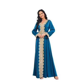 Кружевной Модный Кафтан С вышивкой, Женское мусульманское платье Абайя, Вечернее Элегантное Длинное темно-синее Арабское платье