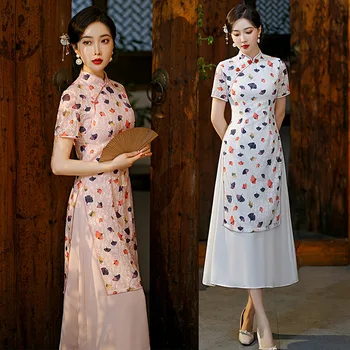 Летнее женское Свадебное Ципао в китайском стиле, традиционный воротник-стойка, короткий рукав, шифоновое платье Aodai Cheongsam с разрезом