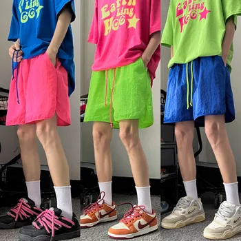 Летние Тонкие шорты, мужские модные спортивные шорты Оверсайз, Мужская уличная одежда, Свободные Шорты из Ледяного Шелка, Мужские пляжные шорты, Розовый, Зеленый, синий
