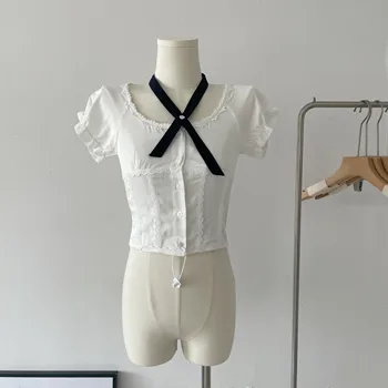 Лето 2023 Белая рубашка с пышными рукавами и бантом Женские Тонкие Рубашки с круглым вырезом и кружевным краем с коротким рукавом